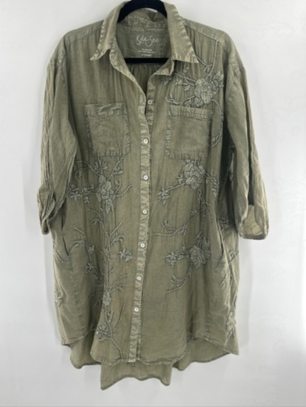 Kyla Seo Floral Embroidered Cotton Shirt Dress Olive‎ Green Boho Button Down XS